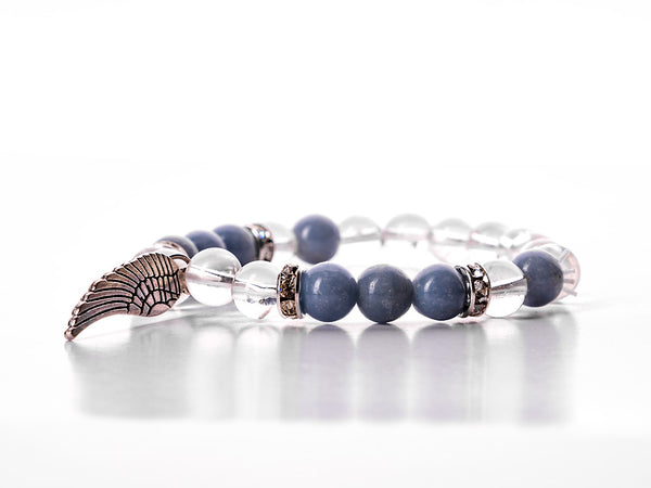 Bracelet, gemstones, crystals, beads, angelite, anhydrite, charm, angel wing, clear quartz