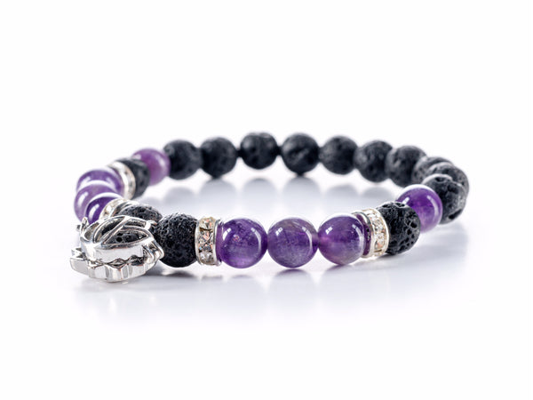 Bracelet, gemstones, crystals, gem, amethyst, lava, lava rock, rock, lotus, flower, lotus charm, charm, purple, black