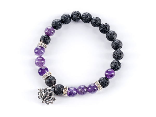 Bracelet, gemstones, crystals, gem, amethyst, lava, lava rock, rock, lotus, flower, lotus charm, charm, purple, black