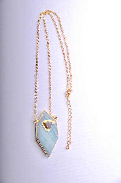 Gold plated Hexagon Amazonite necklace with small druzy stone appliqué'