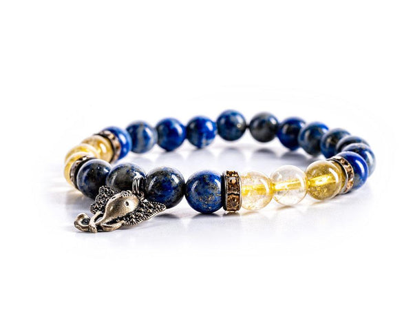 Bracelet, gemstones, crystals, gem, lapis, lapis lazuli, rutilated quartz, quartz, elephant, ganesha, charm, blue, gold