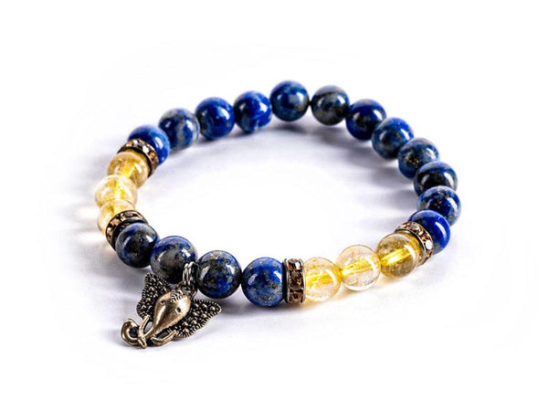 Bracelet, gemstones, crystals, gem, lapis, lapis lazuli, rutilated quartz, quartz, elephant, ganesha, charm, blue, gold