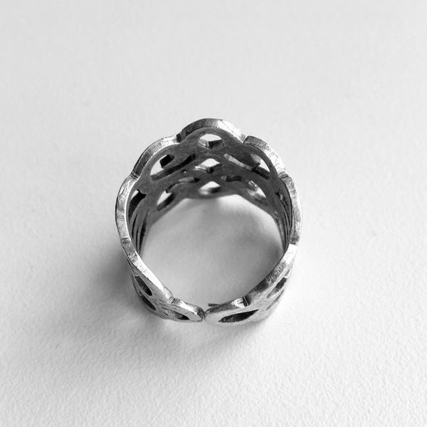 Top arial view of  Delicate ,Regal ,Lacy Cut Out Design, with an adjustable ring band, Made in Turkey with mixed metals, and Nickle free.  Starts at ring size 6.5 and lets you increase the size to fit your most curviest of fingers. 3/4 of an inch tall, but high in sweet lacy style. Unique Jewelry lightweight and imported.  Made in Turkey and adjustable.     Zamac, metal and Nickle free.
