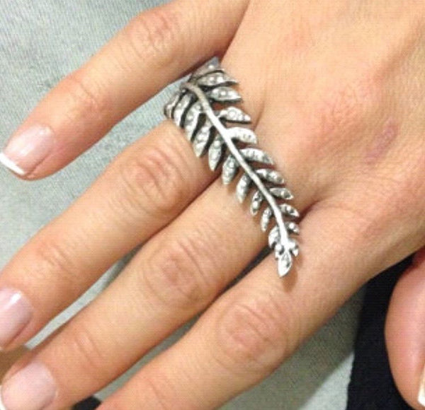TURKISH LONG OLIVE LEAF STATEMENT SILVER METAL RING.