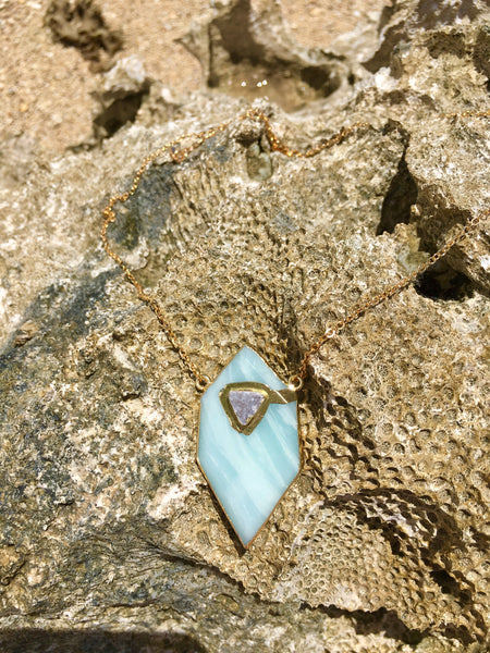 Gold plated Hexagon Amazonite necklace with small druzy stone appliqué'