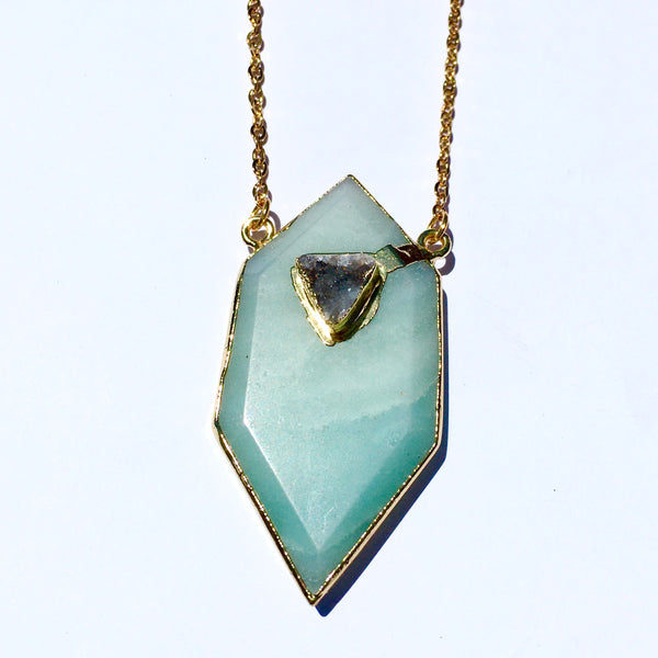 Gold plated Hexagon Amazonite necklace with small druzy stone appliqué'