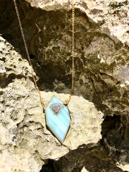 Gold plated Hexagon Amazonite necklace with small druzy stone appliqué'