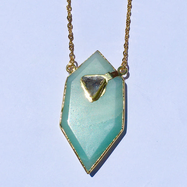 Gold plated Hexagon Amazonite necklace with small druzy stone appliqué'