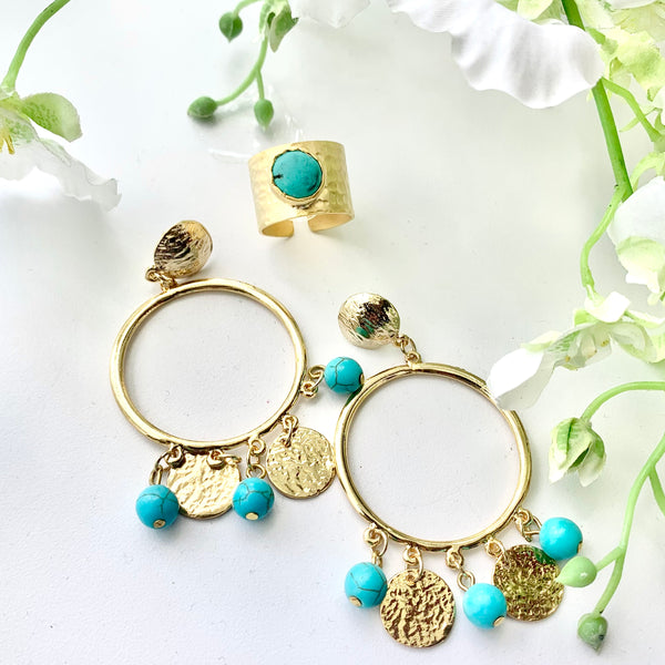 TURKISH COIN TURQUOISE AND GOLD COLORED GYPSY  EARRINGS
