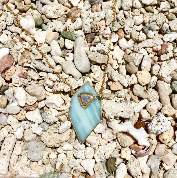 Gold plated Hexagon Amazonite necklace with small druzy stone appliqué'