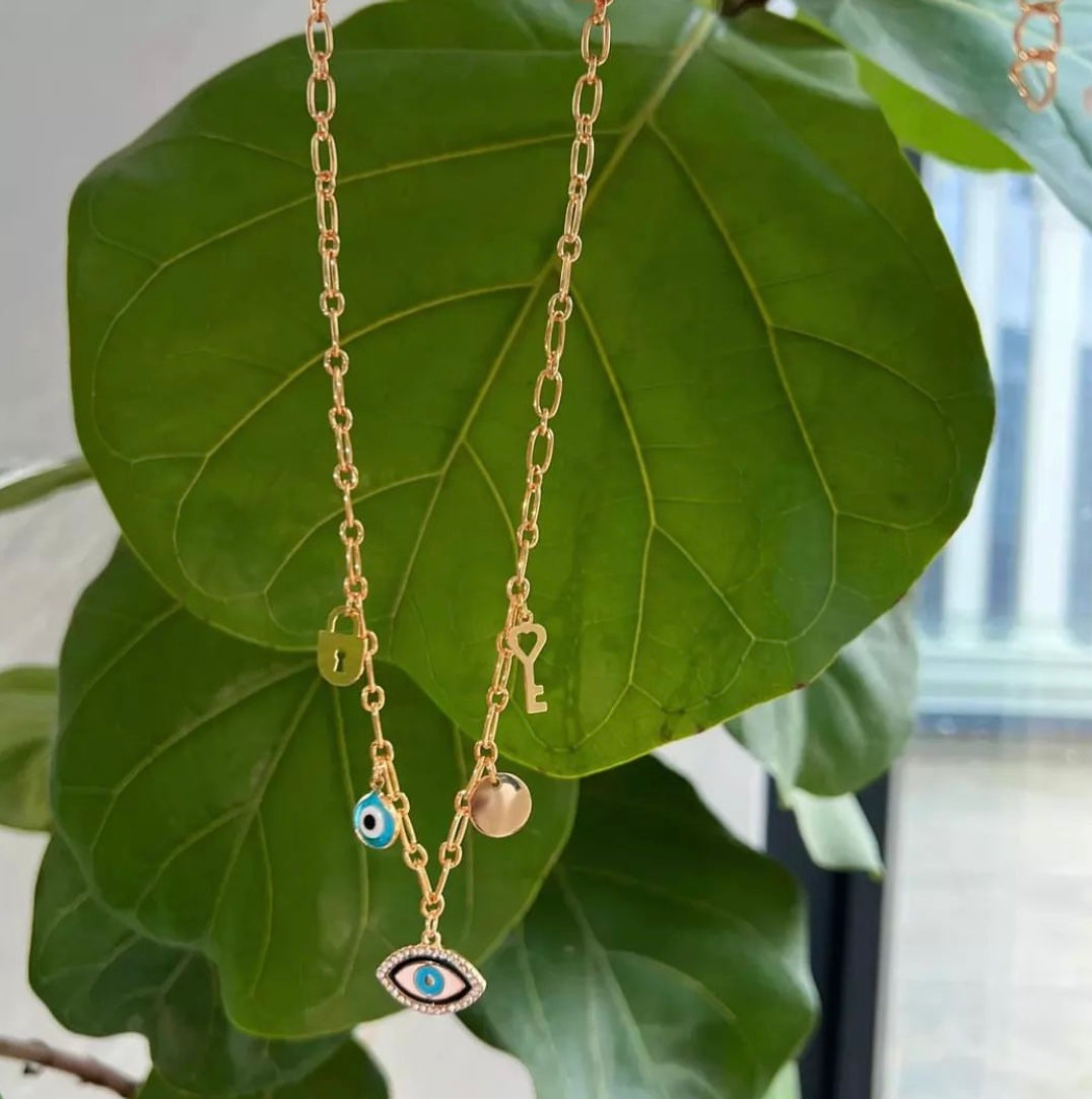 Turkish Evil Eye Gold Colored Brass Chain Link Choker Necklace with 5 lucky charms including a center evil eye with crystal border pendant.