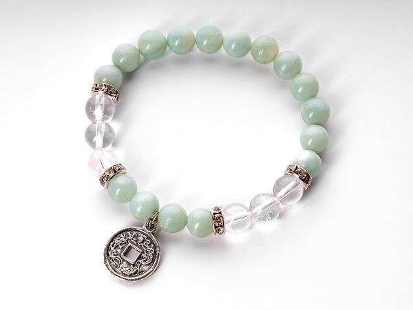 Bracelet, gemstones, crystals, beads, amazonite , chinese medicine charm, coin, lucky coin, clear quartz beads, crystals