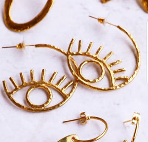 Gold colored brass Turkish Evil Eye Modern Hoop Earrings