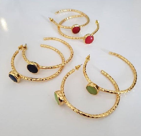 GOLD BRASS HOOPS WITH  CONTRAST COLOR STONE