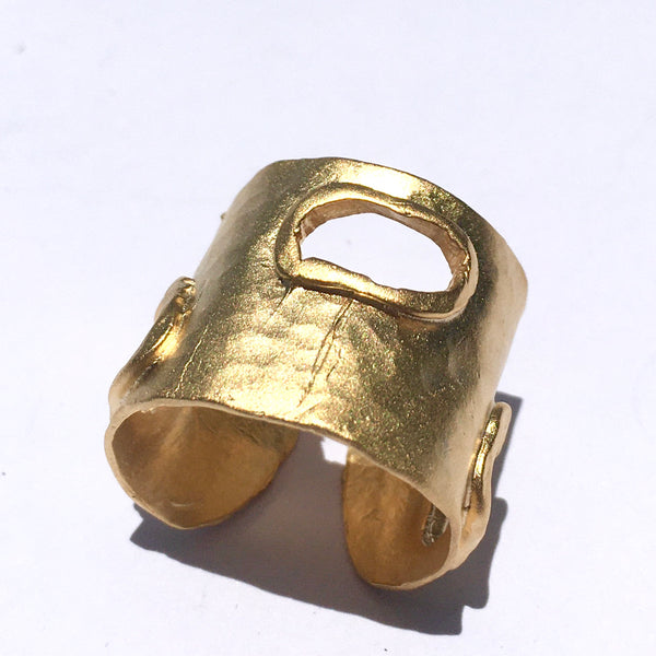 Turkish Brass Gold Colored Square Cutout Art Deco Adjustable Statement Ring