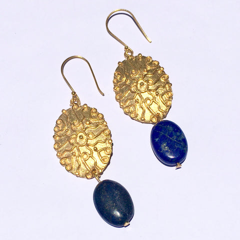 Brass Plate Deep Blue Colored Stone Drop Earrings