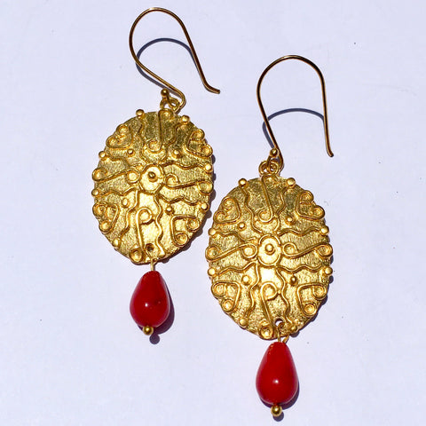 Brass Plate Coral Colored Drop Earrings
