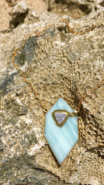 Gold plated Hexagon Amazonite necklace with small druzy stone appliqué'