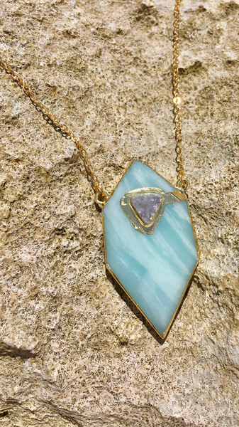Gold plated Hexagon Amazonite necklace with small druzy stone appliqué'
