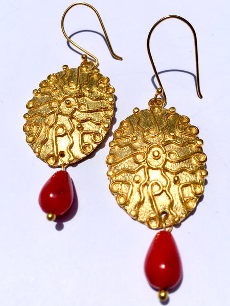 Brass Plate Coral Colored Drop Earrings