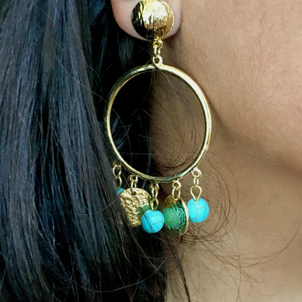 TURKISH COIN TURQUOISE AND GOLD COLORED GYPSY  EARRINGS