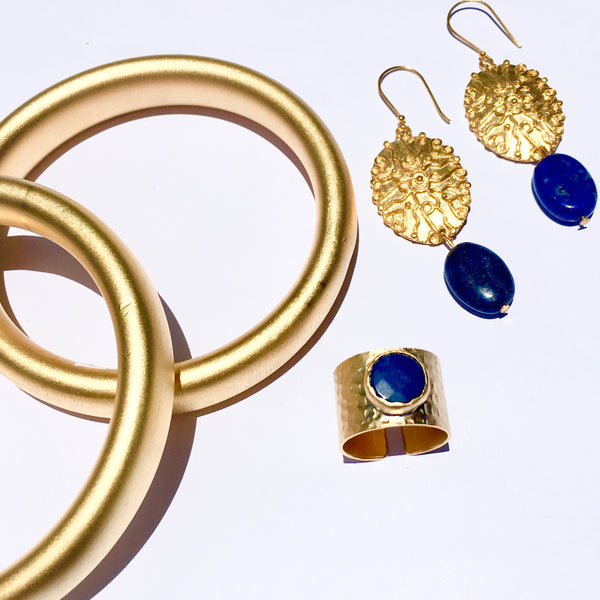 Brass Plate Deep Blue Colored Stone Drop Earrings